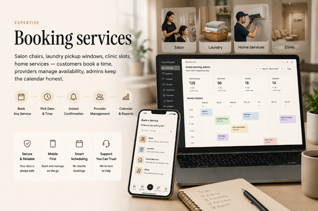Booking Services — Salons, laundry, clinics, home visits — pick a slot, pay, get a reminder. Calendars and shop admin on web or mobile.