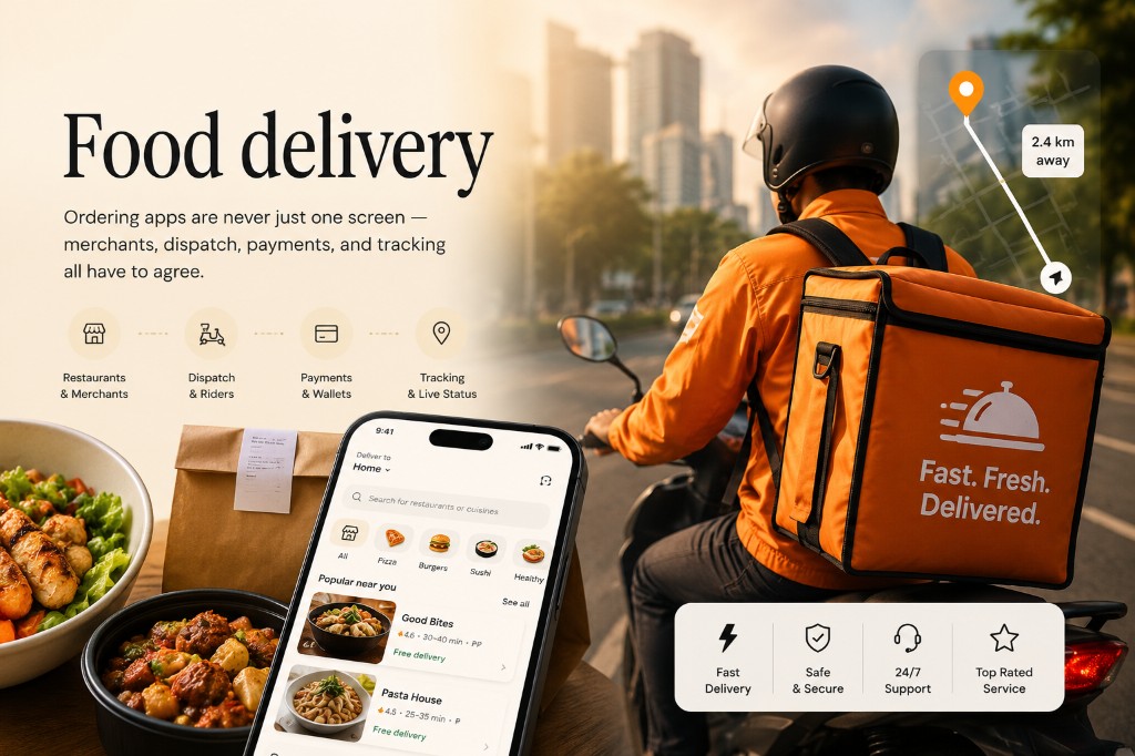 Food Delivery — Restaurants, menus, carts, dispatch, live tracking — mobile and web on one backend so nobody's guessing order status.