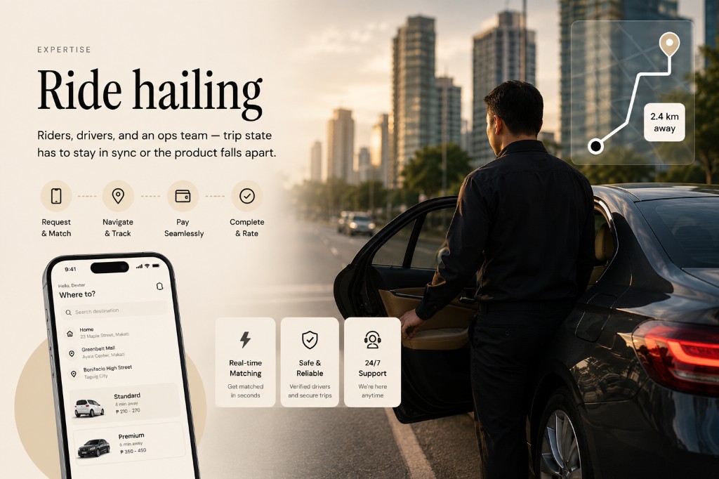 Ride Hailing — Rider and driver apps, trips on a map, and an admin view for ops when things get busy.